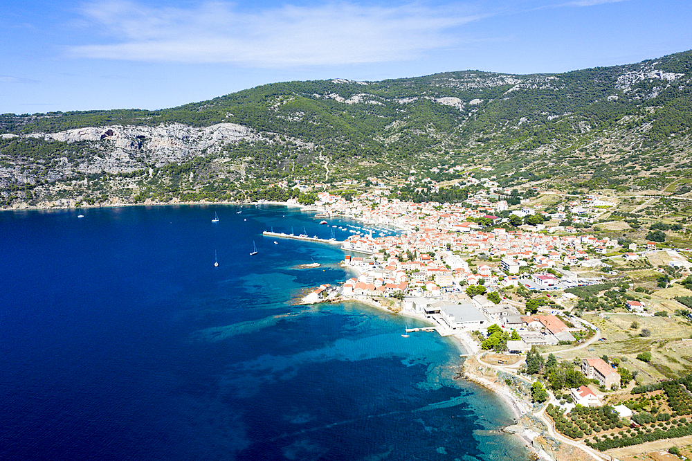 Town and bay of Komiza, Vis Island, Mediterranean Sea, Croatia