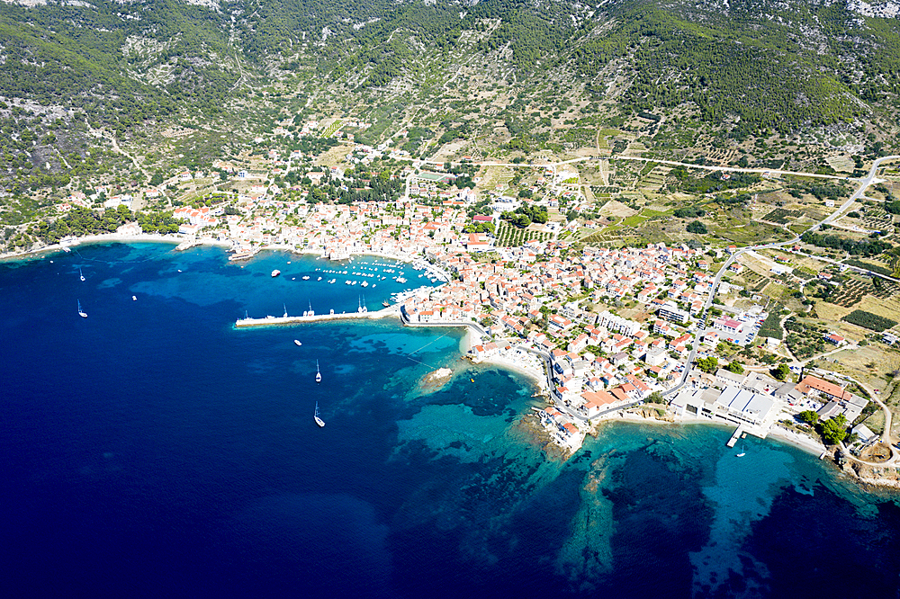 Town and bay of Komiza, Vis Island, Mediterranean Sea, Croatia