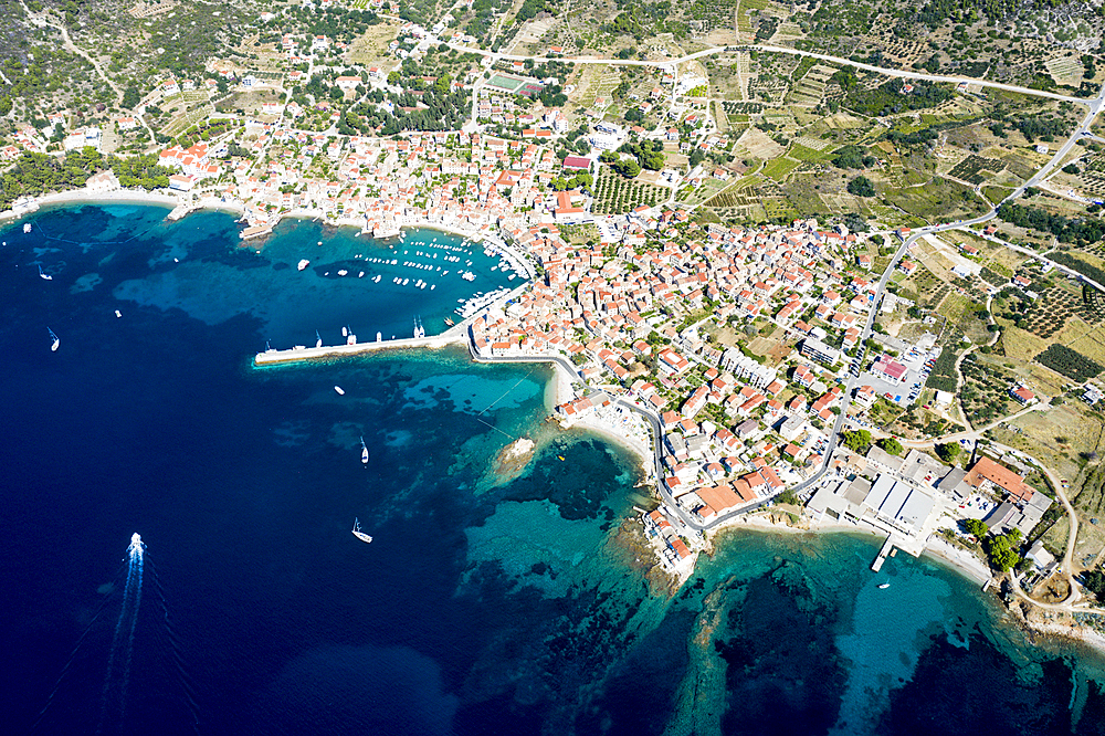 Town and bay of Komiza, Vis Island, Mediterranean Sea, Croatia