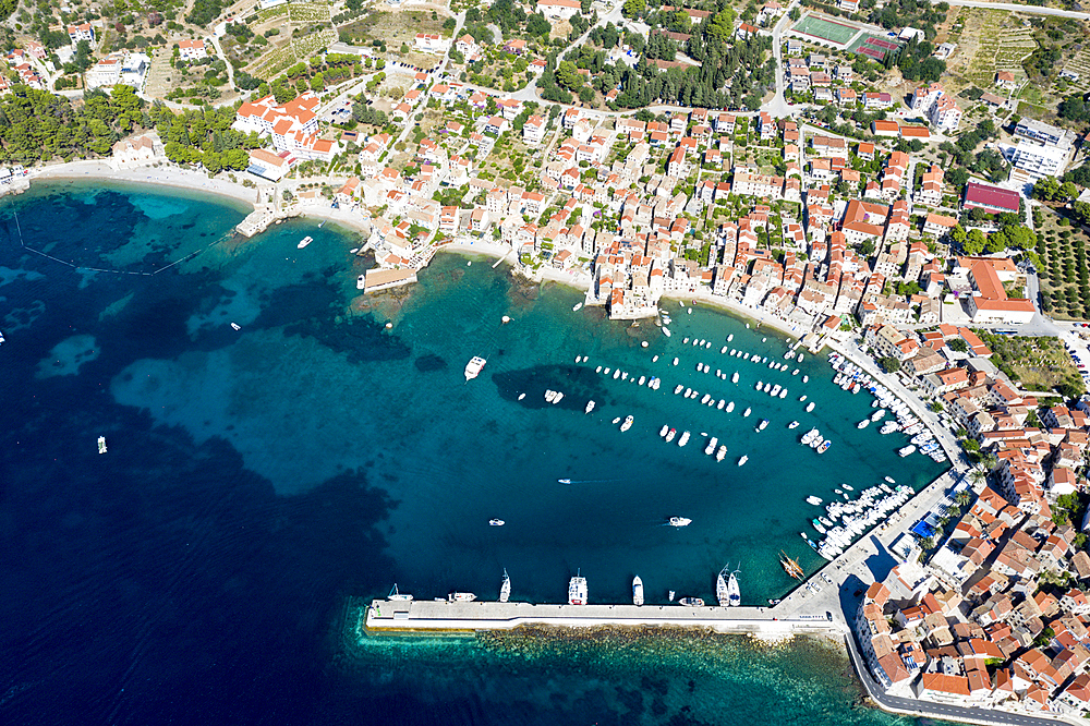 Town and bay of Komiza, Vis Island, Mediterranean Sea, Croatia