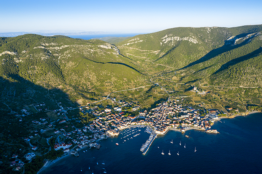 Town and bay of Komiza, Vis Island, Mediterranean Sea, Croatia