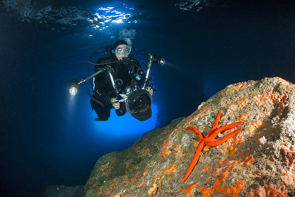 Scuba Diver inside Green Cave, Vis Island, Mediterranean Sea, Croatia