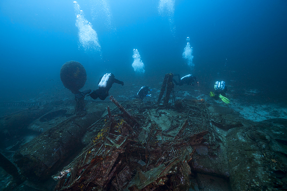 Scuba Diver at B-24 Liberator Bomber Wreck, Vis Island, Mediterranean Sea, Croatia