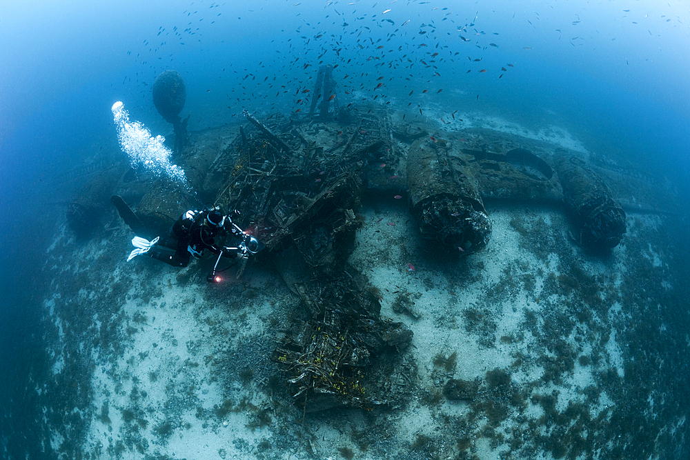 Scuba Diver at B-24 Liberator Bomber Wreck, Vis Island, Mediterranean Sea, Croatia