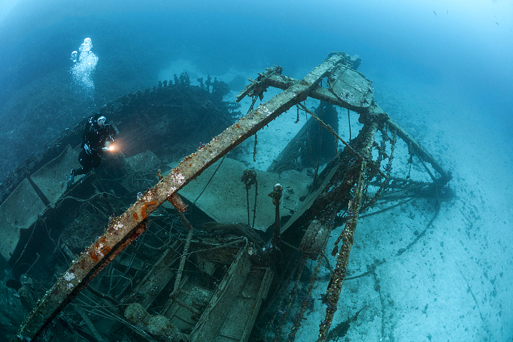 Scuba Diver at Fortunal Wreck, Vis Island, Mediterranean Sea, Croatia