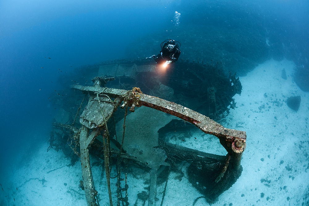 Scuba Diver at Fortunal Wreck, Vis Island, Mediterranean Sea, Croatia