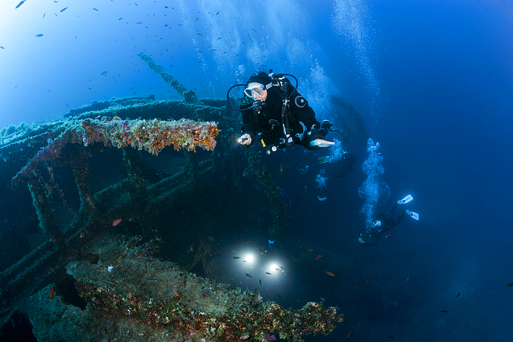 Scuba Diver at Vassilios Wreck, Vis Island, Mediterranean Sea, Croatia