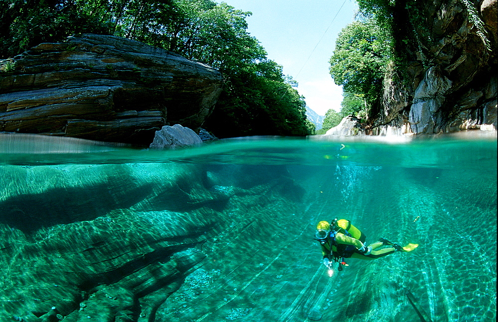 Scubadiving in a freshwater river, Switzerland, Tessin, Verzasca, Verzasca Valley, Verzasca river