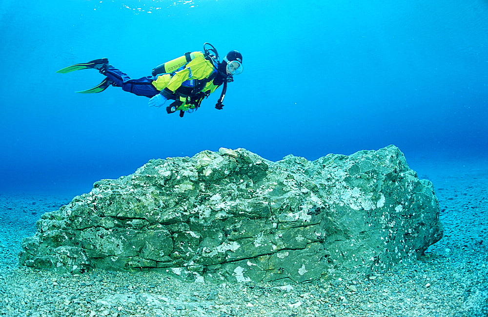 Scuba Diver in a mountain lake, Austria, Steiermark, Gruener See