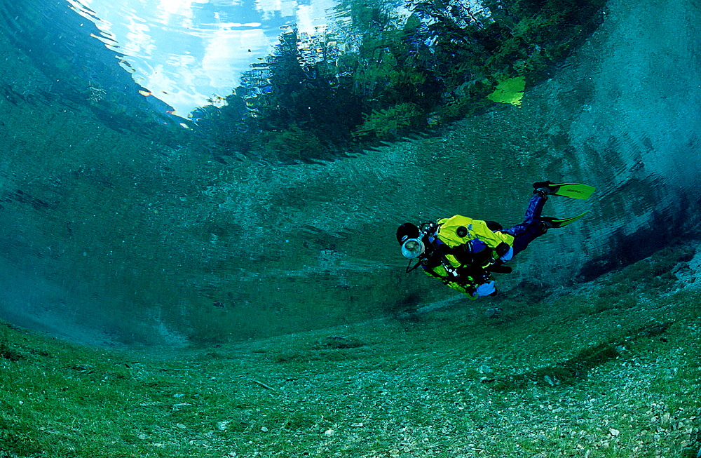 Scuba Diver in a mountain lake, Austria, Steiermark, Gruener See