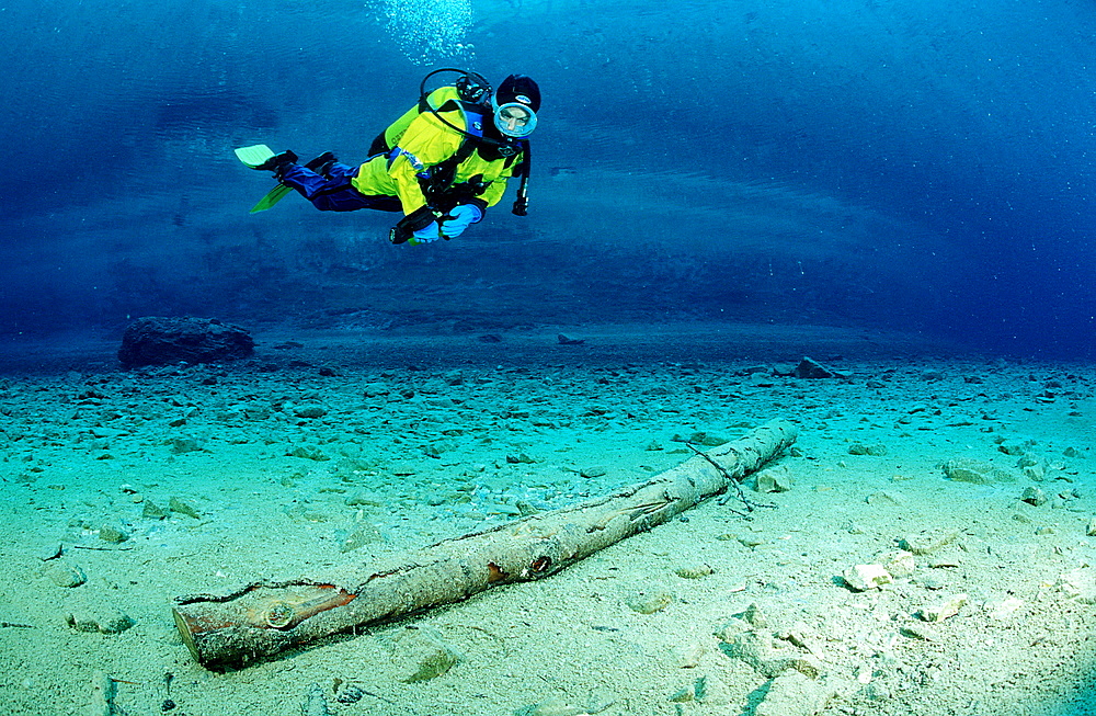 Scuba Diver in a mountain lake, Austria, Steiermark, Gruener See