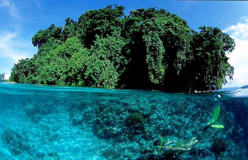 Snorkeling, scin diver, split image, Papua New Guinea, Pacific ocean