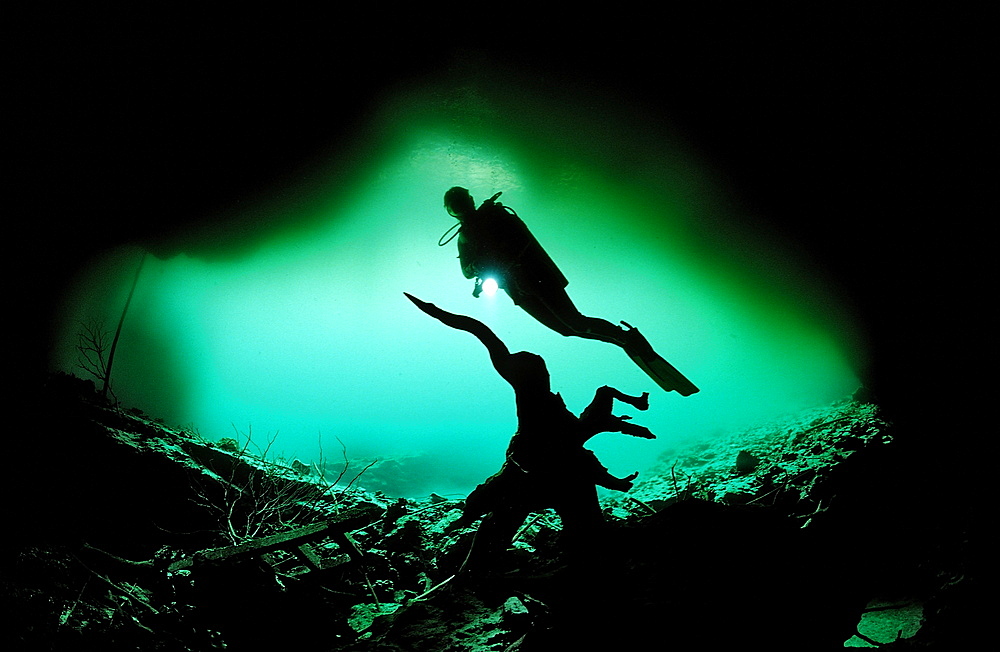 Scuba diver in underwater cave, Laguna Pepe, Punta Cana, Freshwater, Dominican Republic, West Indies, Caribbean, Central America