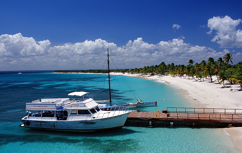 Tourist boat and sandy beach, Catalina Island, Dominican Republic, West Indies, Caribbean, Central America