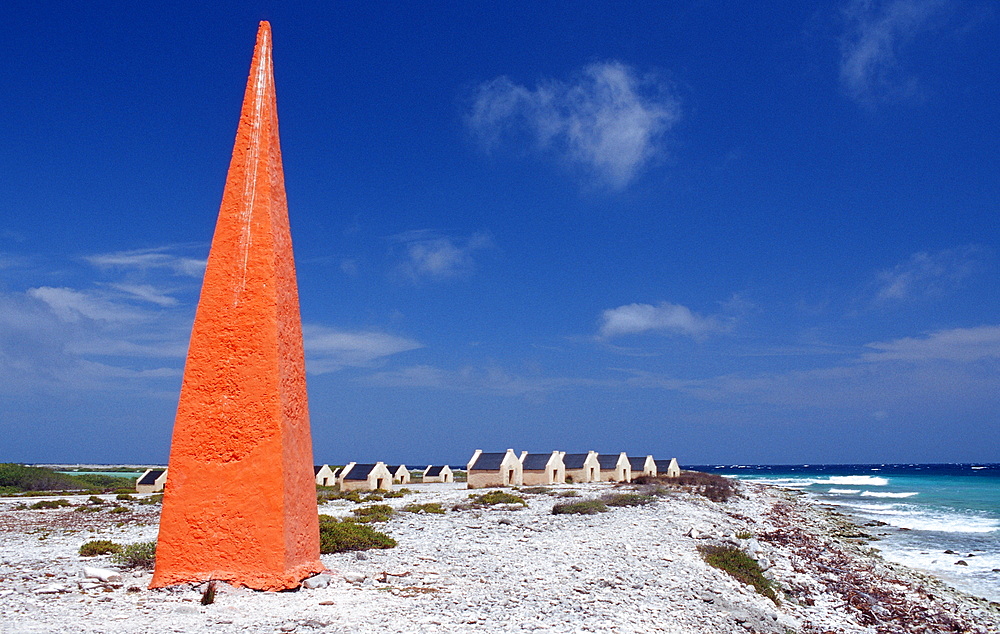 Slave huts Red Slave and red obelisk, Netherlands Antilles, Bonaire, Bonaire