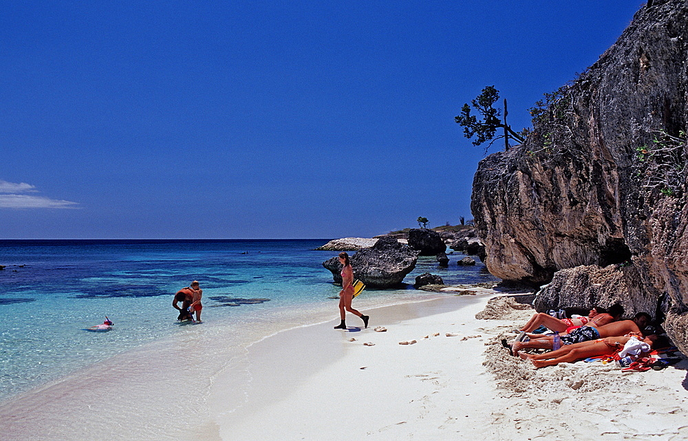 Tourists on the beach, Netherlands Antilles, Bonaire, Caribbean Sea, Washington Slagbaai National Park, Wayaka