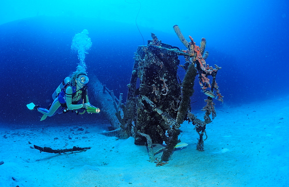 Scuba diver on the Hilma Hooker Ship Wreck, Netherlands Antilles, Bonaire, Caribbean Sea