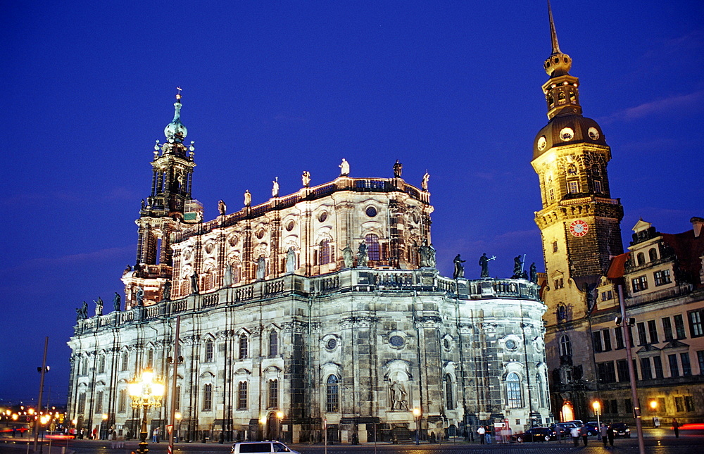 Hofkirche, Hausmannsturm and Schloss at night, Germany, Dresden