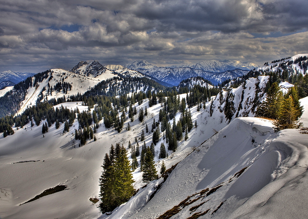 View from the Seekarkreuz to Bavarian Alps, Germany, Mangfall Mountains, Bavaria