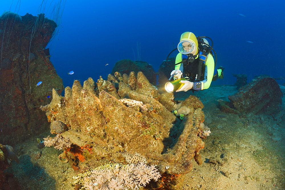 Armed Munition and Diver at USS Carlisle Attack Transporter, Marshall Islands, Bikini Atoll, Micronesia, Pacific Ocean