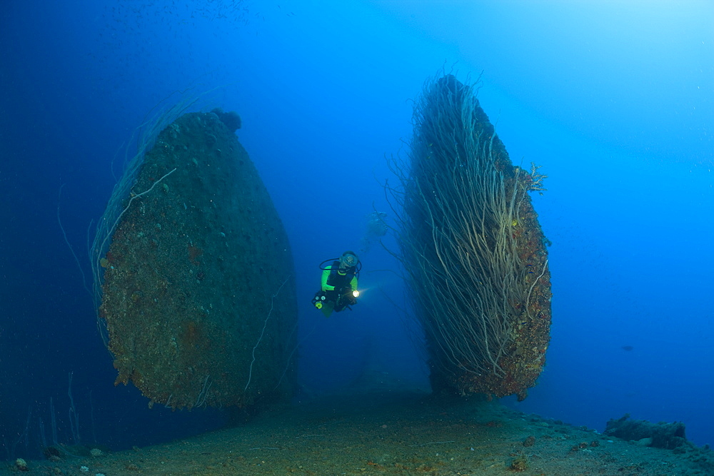 Diver between Rudder of bottom up laying HIJMS Nagato Battleship, Marshall Islands, Bikini Atoll, Micronesia, Pacific Ocean