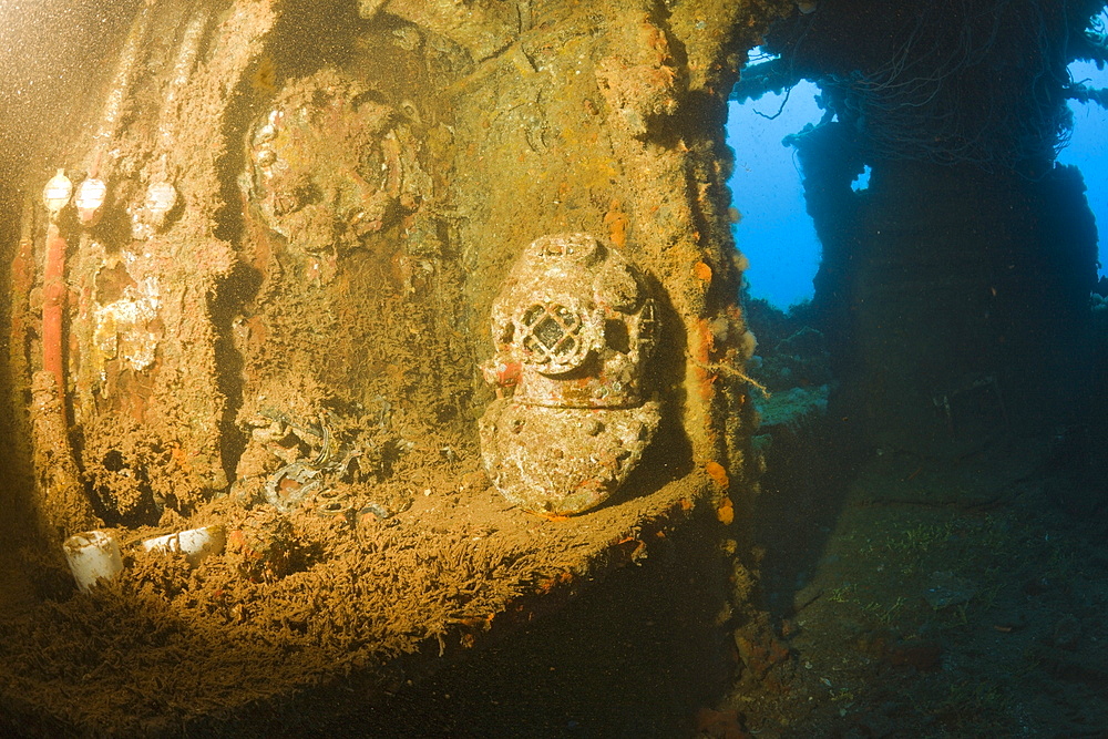 Diving Helmet on Brigde of USS Saratoga, Marshall Islands, Bikini Atoll, Micronesia, Pacific Ocean