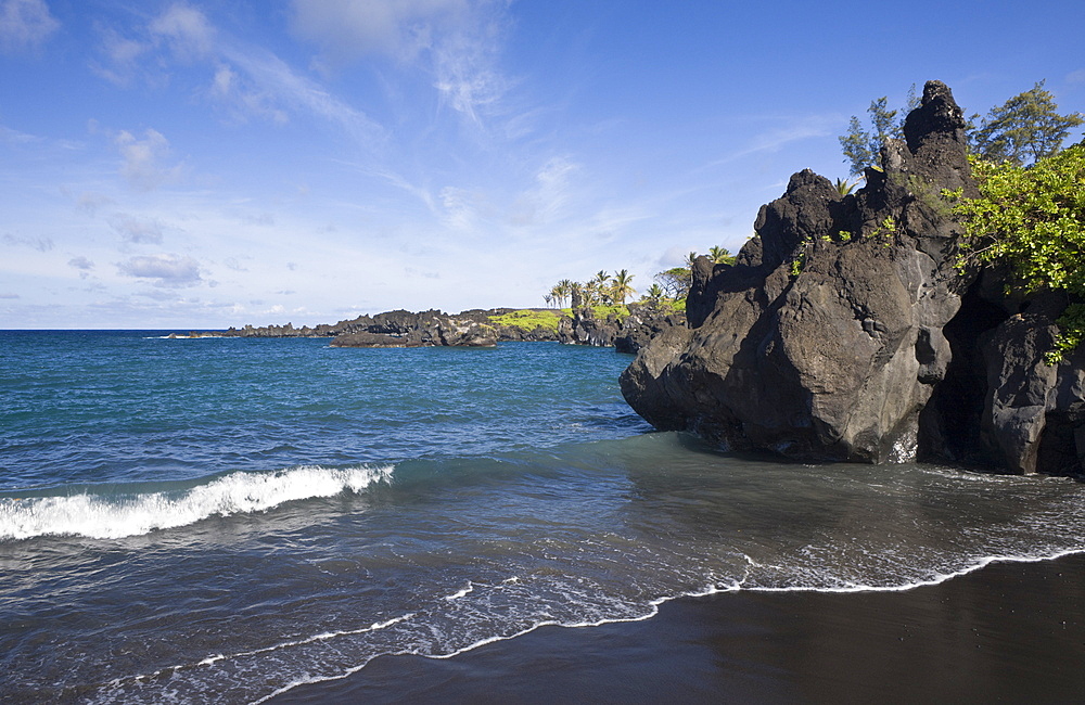 Black Sand Beach at Waianapanapa State Park on Road to Hana, Maui, Hawaii, USA