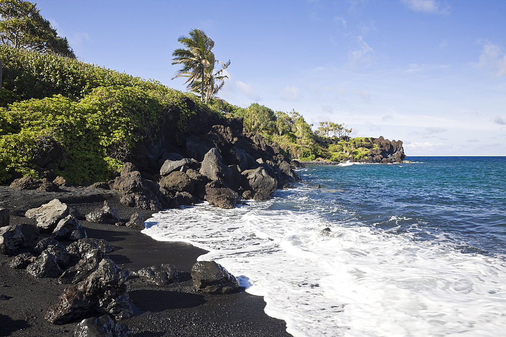 Black Sand Beach at Waianapanapa State Park on Road to Hana, Maui, Hawaii, USA