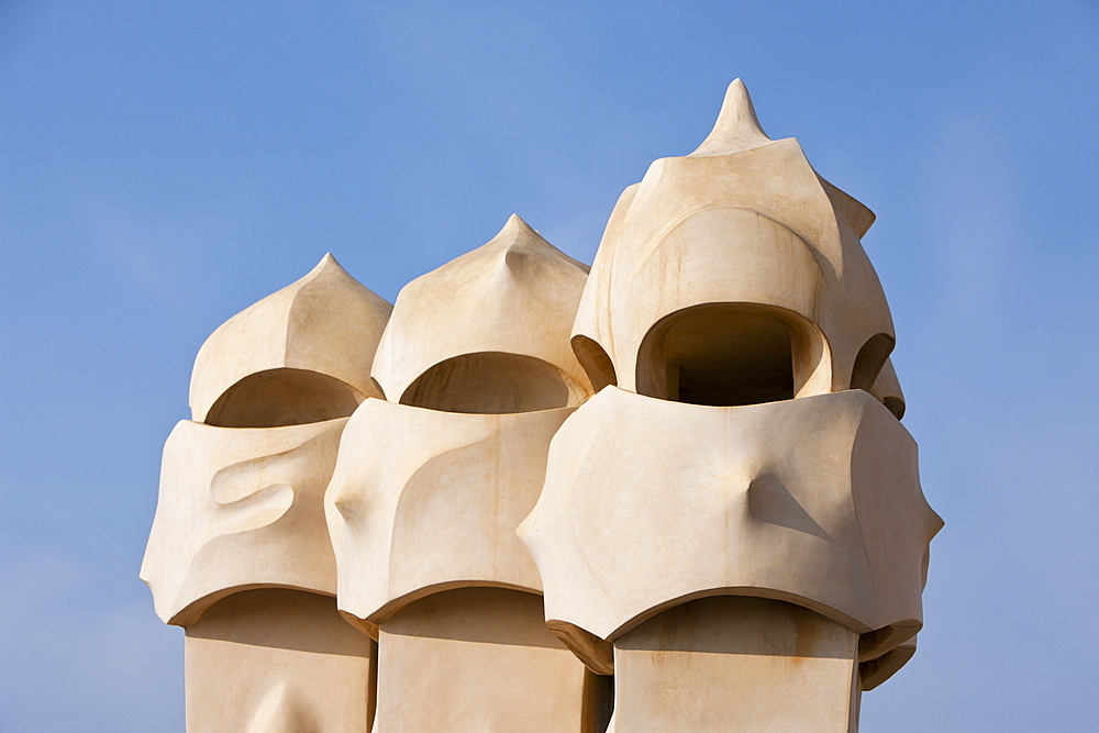 Sculptures of Architect Antoni Gaudi on Casa Mila Rooftop, Barcelona, Catalonia, Spain