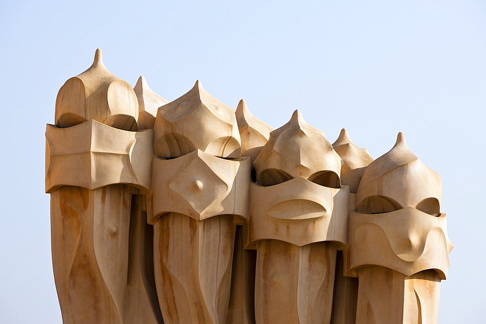 Sculptures of Architect Antoni Gaudi on Casa Mila Rooftop, Barcelona, Catalonia, Spain