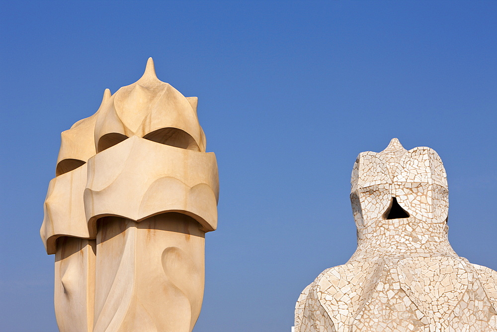 Sculptures of Architect Antoni Gaudi on Casa Mila Rooftop, Barcelona, Catalonia, Spain