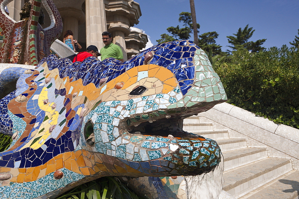 Mosaic Dragon Fountain in Park Guell of Architect Antoni Gaudi, Barcelona, Catalonia, Spain