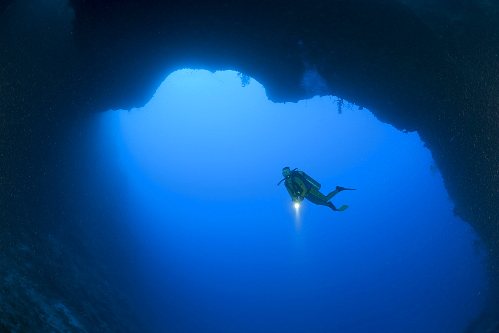 Diver at wide bottom Hole of Blue Hole Cave, Micronesia, Palau