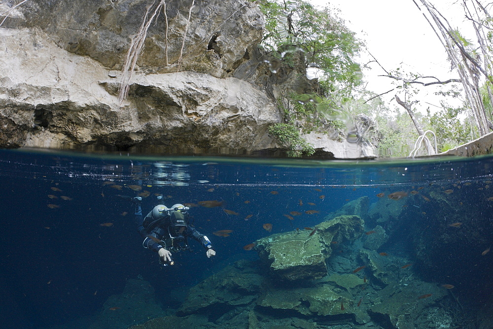 Cave Diver in Chac Mool Cenote, Playa del Carmen, Yucatan Peninsula, Mexico