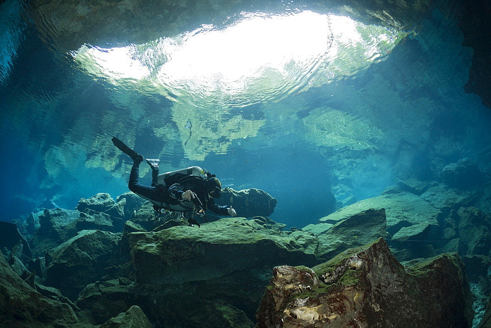 Cave Diver in Chac Mool Cenote, Playa del Carmen, Yucatan Peninsula, Mexico