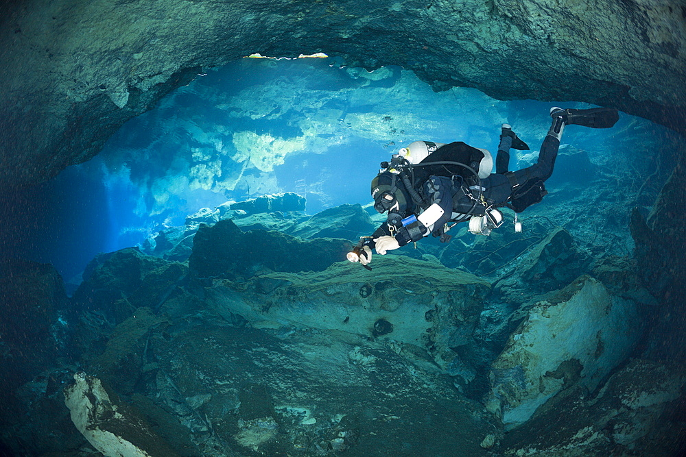 Cave Diver in Chac Mool Cenote, Playa del Carmen, Yucatan Peninsula, Mexico