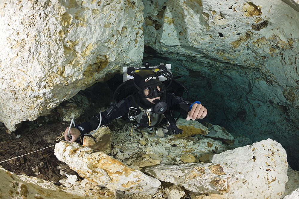 Cave Diver in Chac Mool Cenote, Playa del Carmen, Yucatan Peninsula, Mexico