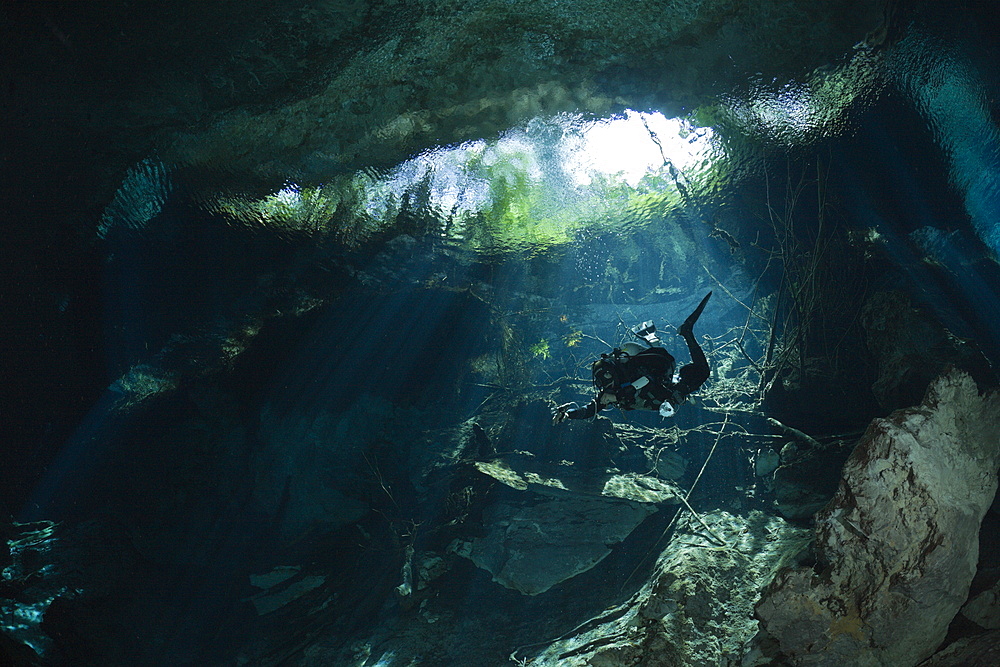 Cave Diver in Chac Mool Cenote, Playa del Carmen, Yucatan Peninsula, Mexico