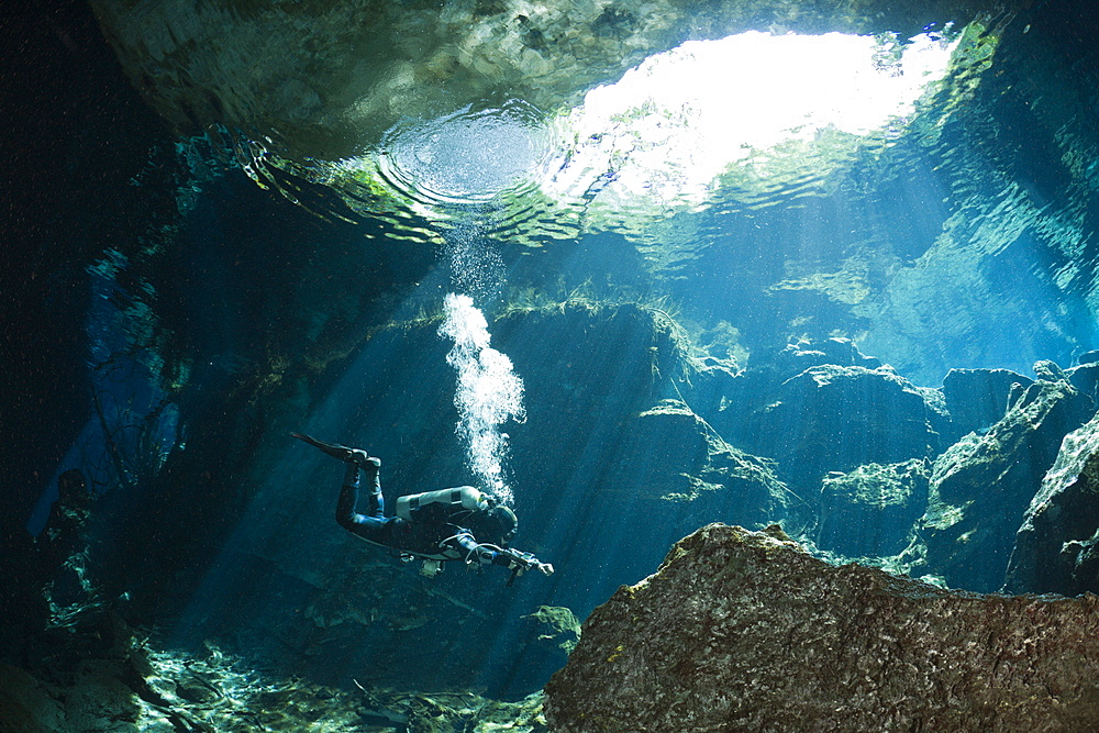 Cave Diver in Chac Mool Cenote, Playa del Carmen, Yucatan Peninsula, Mexico