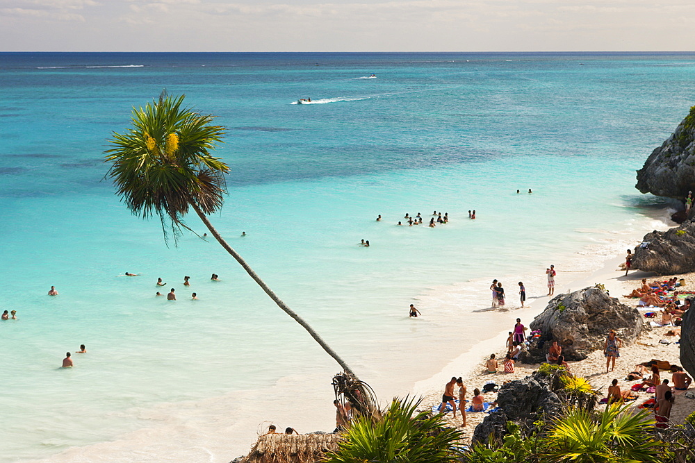Tourist at Beach of Maya Ruines of Tulum, Riviera Maya, Yucatan Peninsula, Caribbean Sea, Mexico