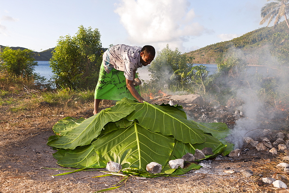 Natives cooking with Lovo Oven, Makogai, Lomaviti, Fiji, Pacific