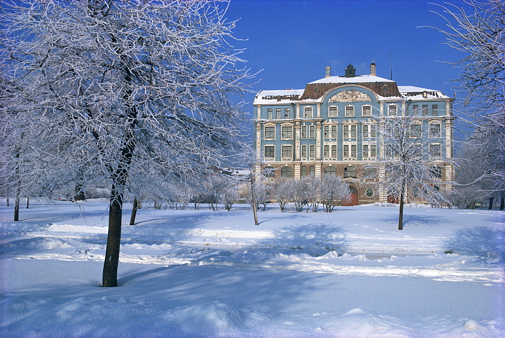 The Central Naval Museum in a snowy winter landscape in St. Petersburg, Russia, Europe