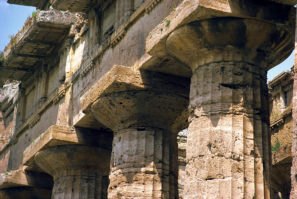 Close-up of the columns of the Temple of Neptune at Paestum, near Salerno, Campania, Italy, Europe