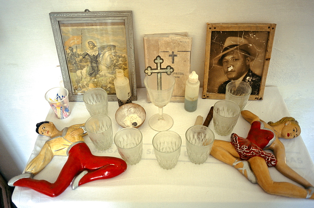 Charms and objects placed on a Santeria altar in a home in the Los Pinos area of Havana, Cuba