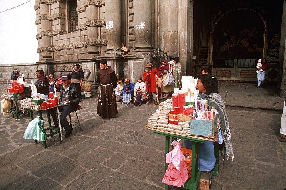 Monastery of San Francisco 1534 to 1600, activity at main doorway on Plaza San Francisco, Quito, Ecuador