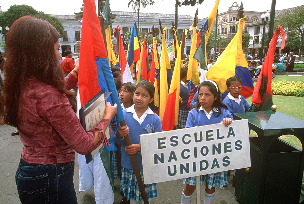 Plaza de Independencia primary school students gathering for ceremony, Quito, Ecuador