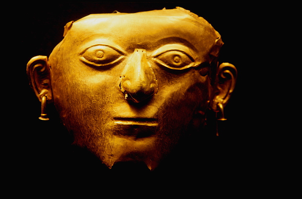 La Tolita Culture, c 500BC to 500AD Gold Ornamental mask, in the collection of the Banco Central de Ecuador in Quito, North Coast, Ecuador