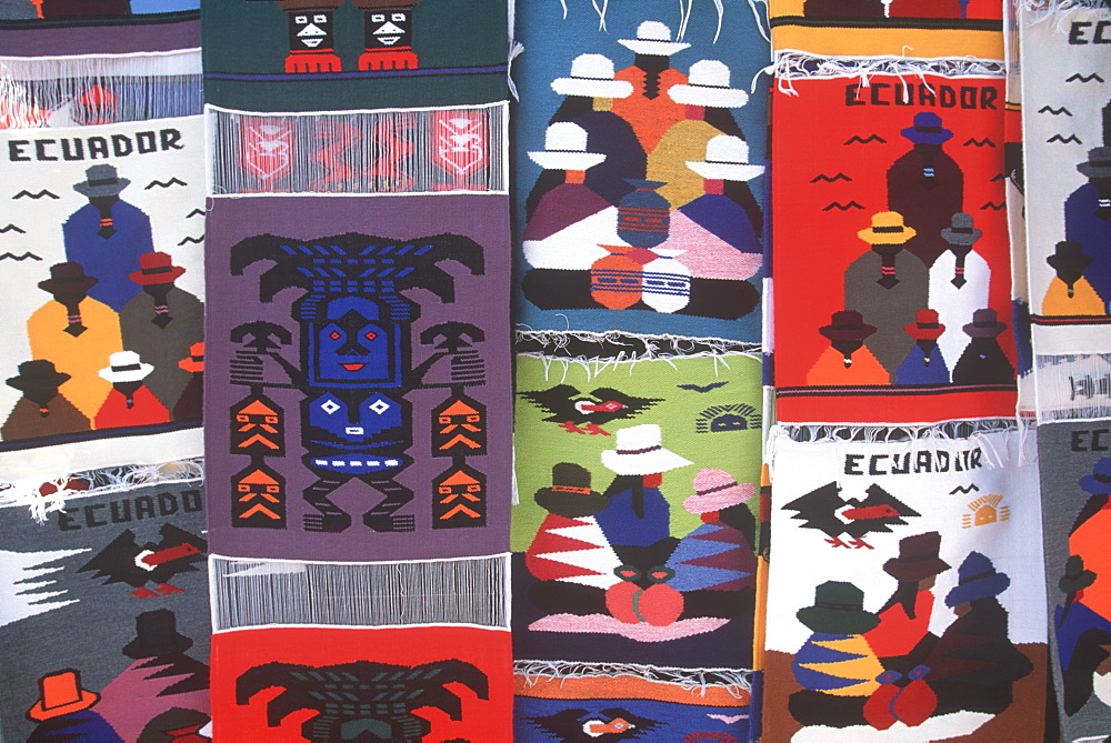 Otavalo, north of Quito is one of Latin Am's most famous markets for textiles, crafts and produce colorful woven textiles, Quito, Ecuador