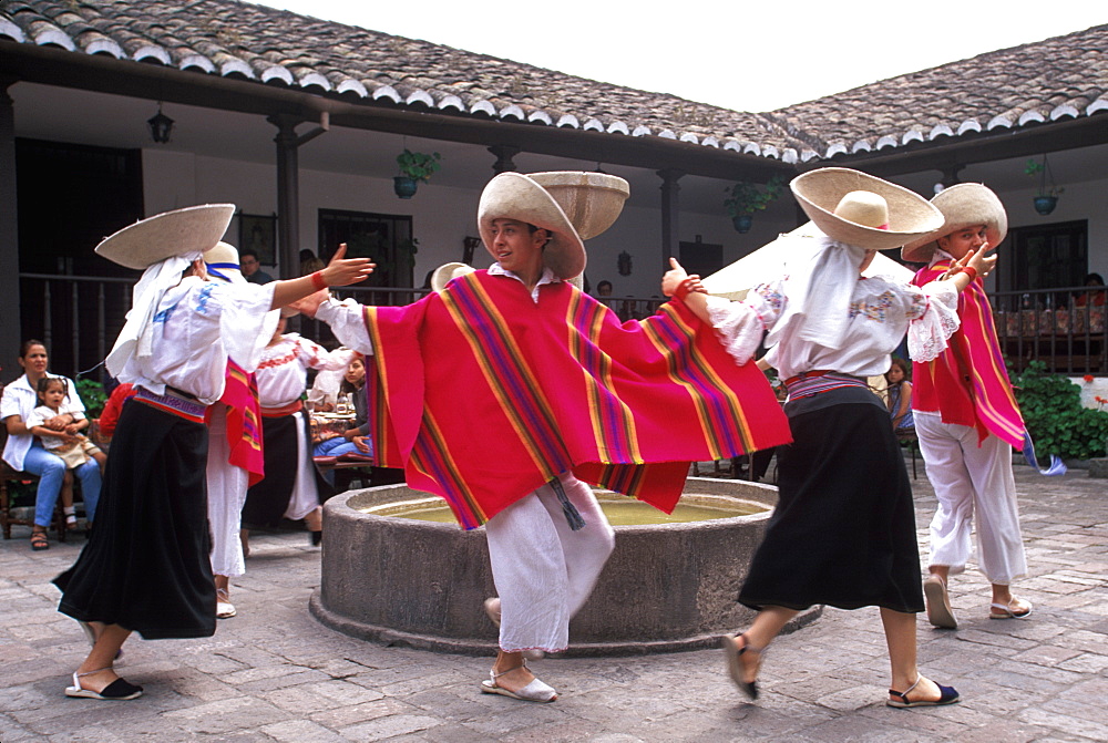 Hacienda Chorlavi outside of town of Ibarra, north of Otavalo Mother's Day celebration in the hacienda's patio with folk dancers, North of Quito, Highlands, Ecuador