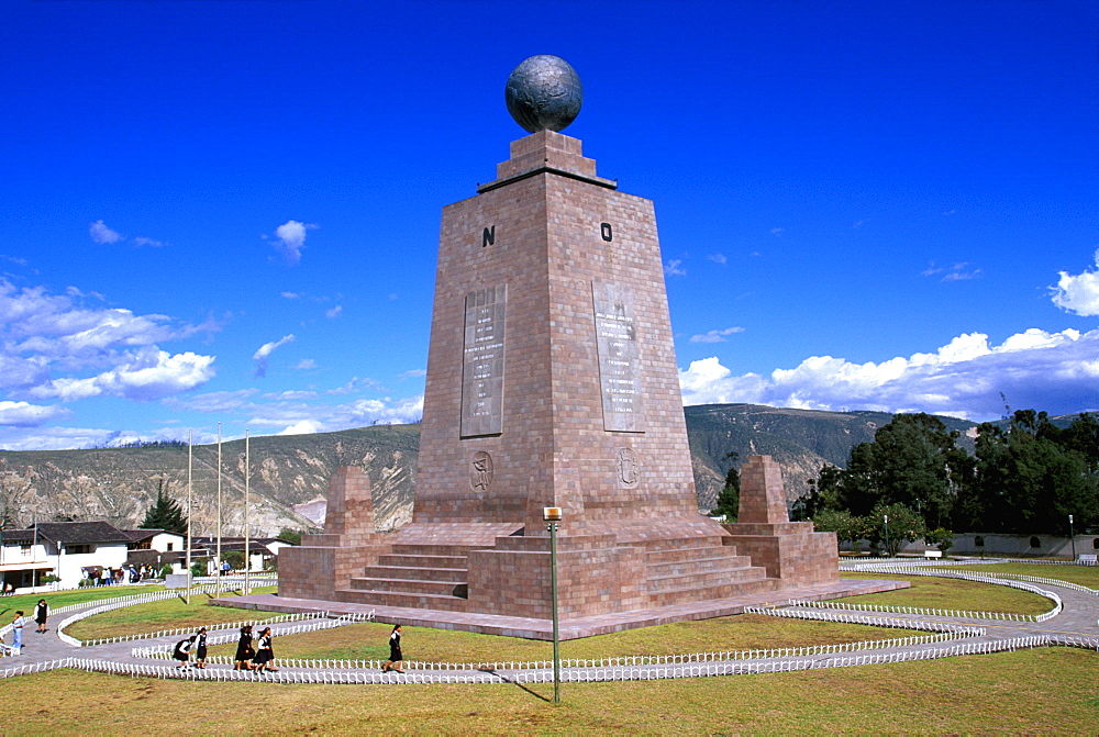 La Mitad del Mundo or Equator Monument, the line at latitude 0, that runs across Ecuador and from which the country gets its name, North of Quito, Highlands, Ecuador